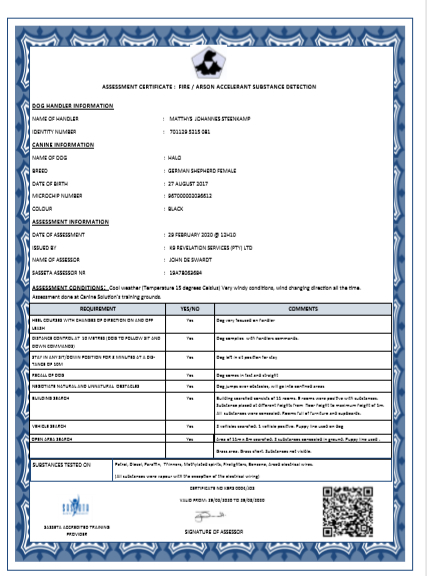 ASSESSMENT CERTIFICATE :  FIRE / ARSON ACCELERANT SUBSTANCE DETECTION